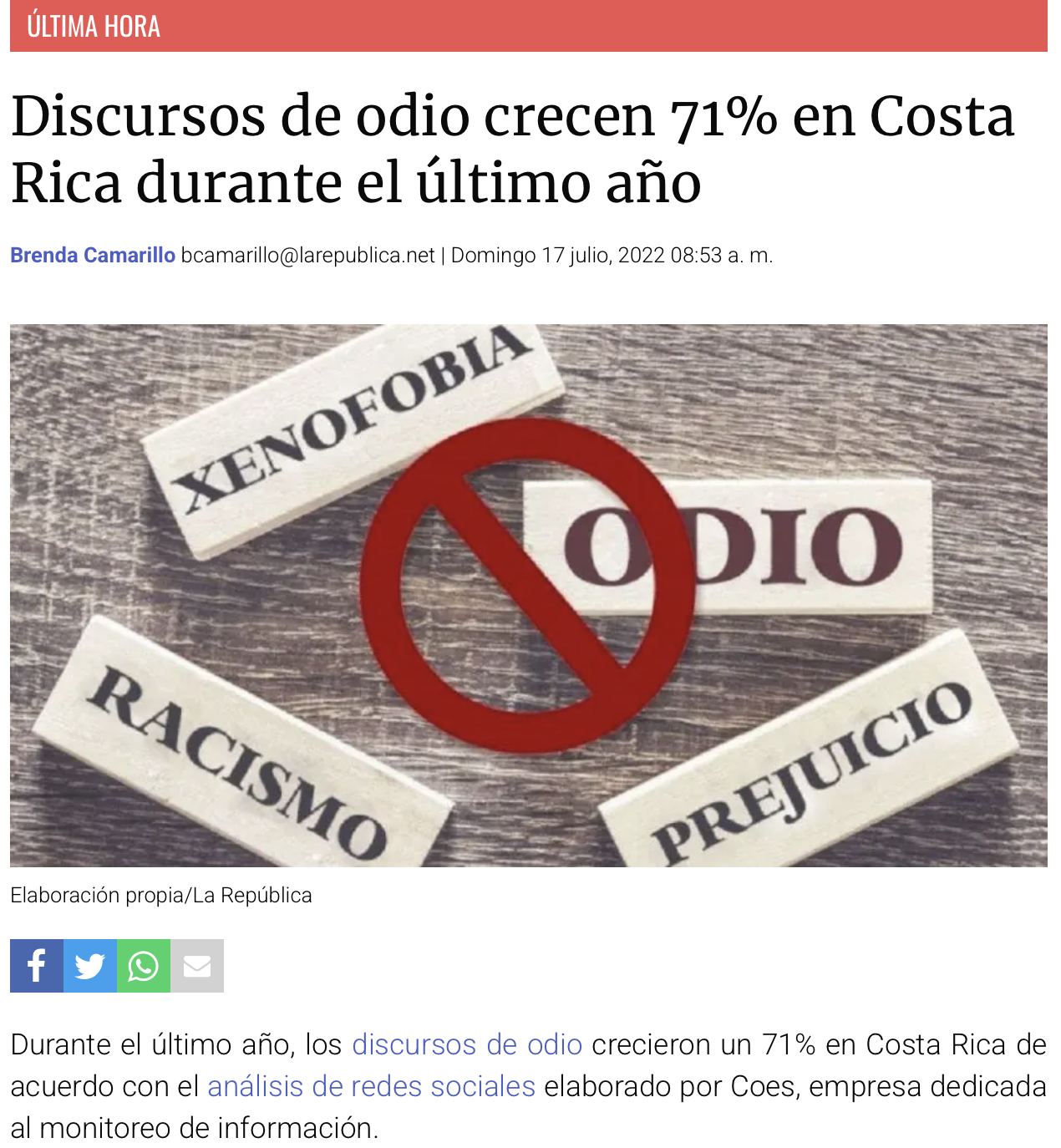 Hate speech increases 71% in Costa Rica over a year.