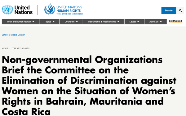 UN report on the situation of women’s rights in Bahrain, Mauritaina and Costa Rica.