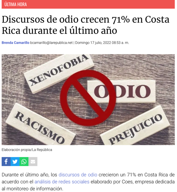 Hate speech increases 71% in Costa Rica over a year.