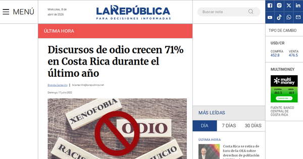 Hate speech increases 71% in Costa Rica over a year.