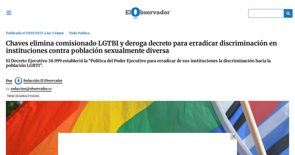 Chaves repeals anti-discrimination decree and eliminates LGBTI commissioner.