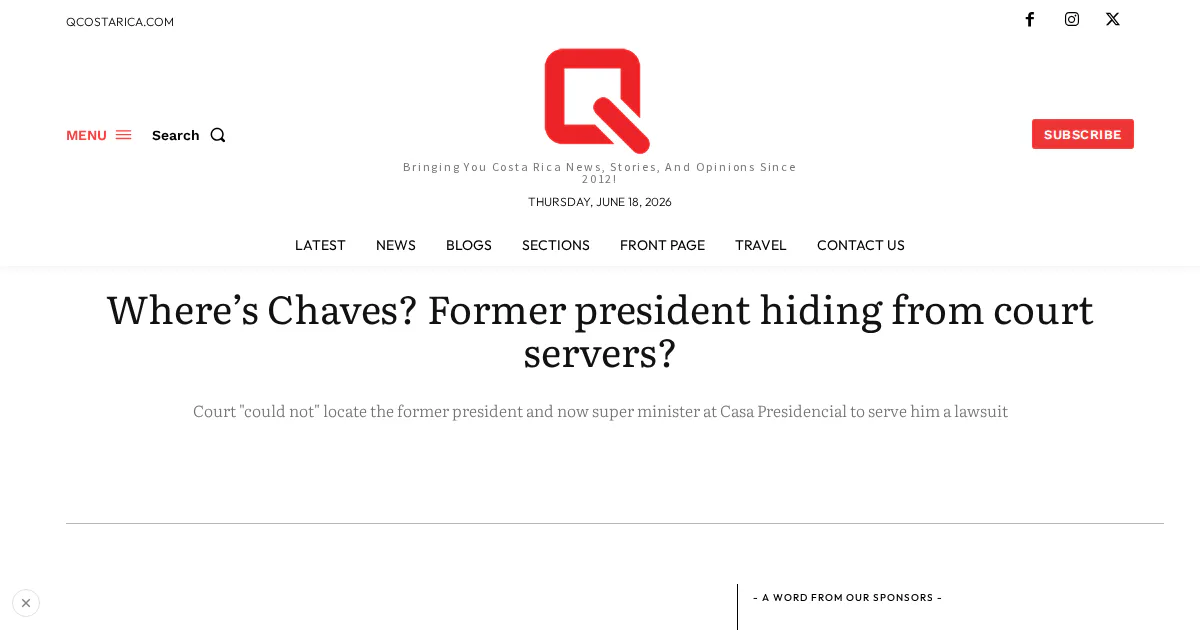 Court unable to serve former president Chaves in damages suit over Pride march declaration.